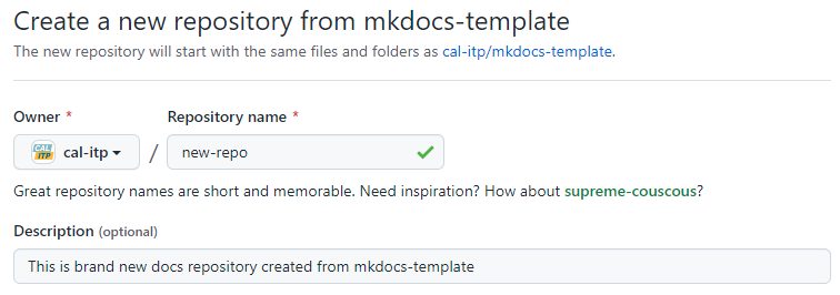 Screenshot showing creating a new repository from mkdocs-template